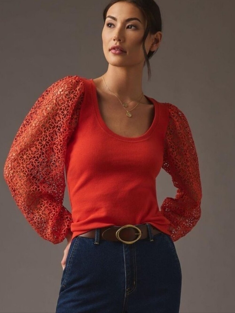 Anthropologie By Maeve Lace Sleeve Orange Red Top XS